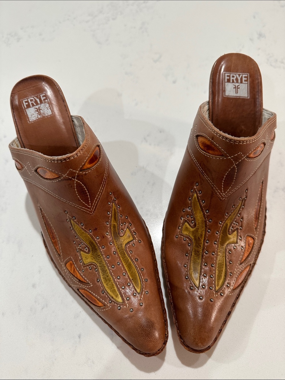 FRYE Brown Leather Embellished Pointed Toe Mule Slides